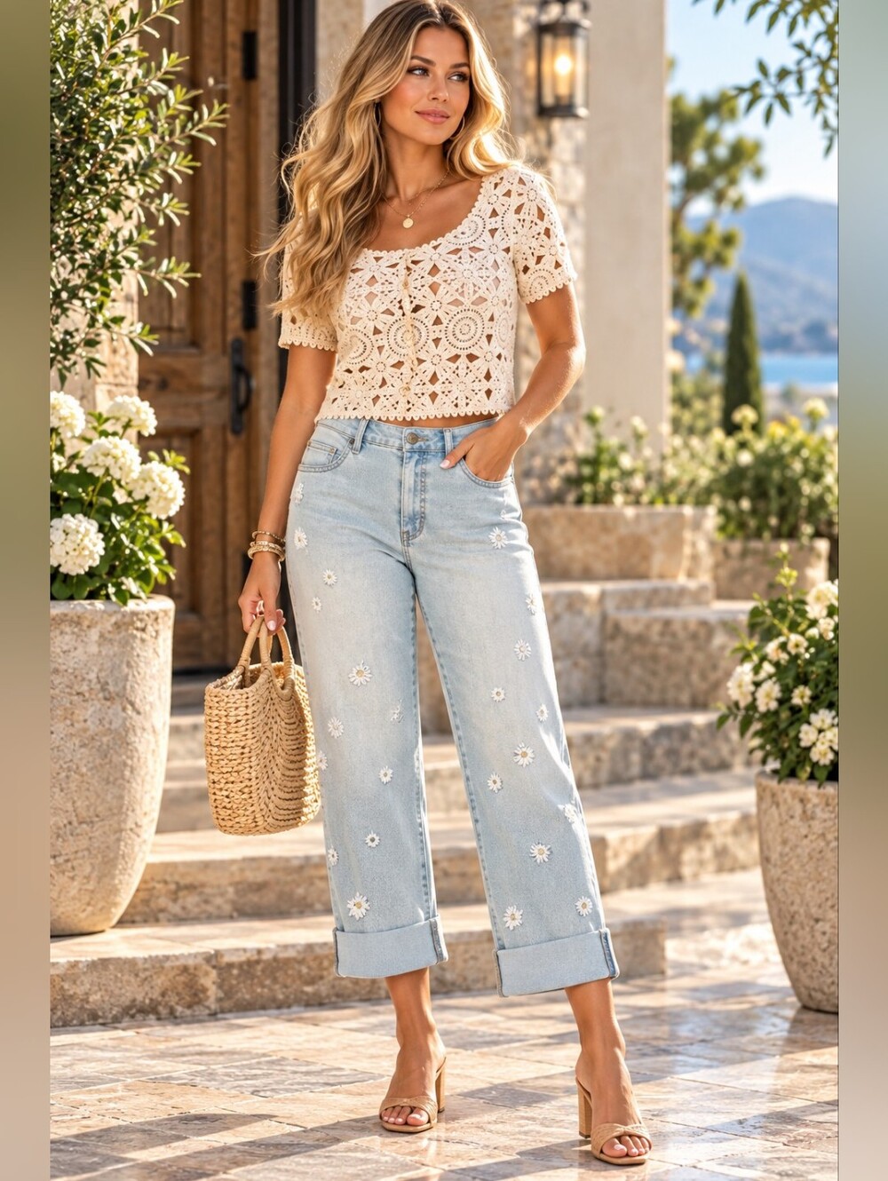 Jessica Simpson Light Wash Embroidered Daisy Cuffed Boyfriend Jeans Size 8